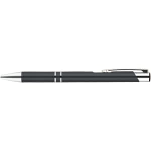 A metal pen with a sleek gray finish and silver accents.