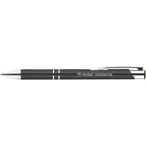 A metal pen featuring a sleek design with a gray barrel and silver accents, branded with "Hotel Victoria."