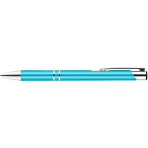 A metal pen in a vibrant turquoise color with silver accents.