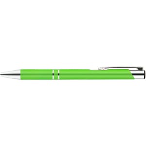 A metal pen in vibrant green with silver accents.