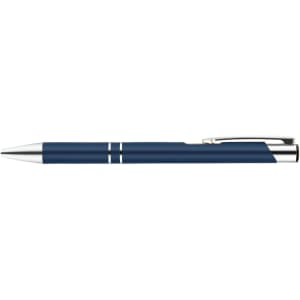 A metal pen in a sleek navy blue finish with silver accents and a streamlined design.