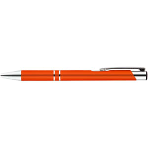 An orange metal pen with silver accents and a sleek design.