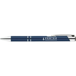A metal pen featuring a sleek blue design with silver accents and the engraved logo of "VERTEX Financial Solutions Inc."