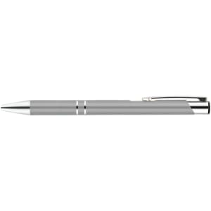 A metal pen in a sleek silver design, featuring chrome accents and a smooth finish.