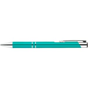 A metal pen in a vibrant turquoise color with silver accents.