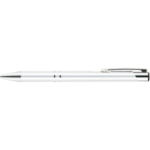 A metal pen in a sleek, white design with a chrome tip and clip.
