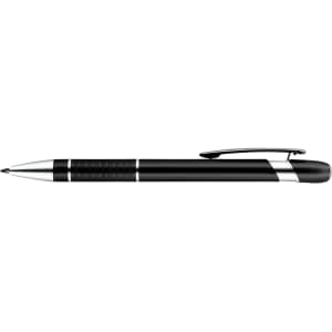 A black Aluminium pen featuring silver accents and a textured grip. Includes a clip and branding.