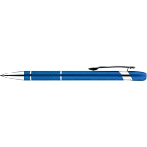 A blue aluminium pen with silver accents and a clip, featuring a branding logo.