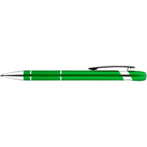 A green aluminium pen with silver accents and a clip, designed for writing. It has a textured grip.