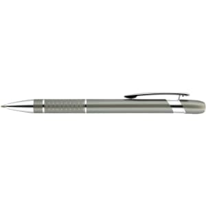 A metal pen in a sleek silver-grey colour with a shiny chrome clip and accents, featuring a textured grip.