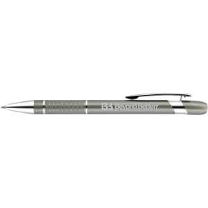 A metal pen in silver and grey, featuring a textured grip and a clip. The pen has a logo on its side.