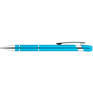 A metal pen in bright blue with silver accents and a clip, featuring a logo.