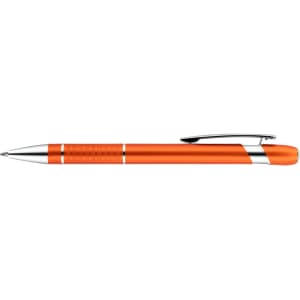 An orange aluminium pen with silver accents and a clip, featuring a textured grip section.