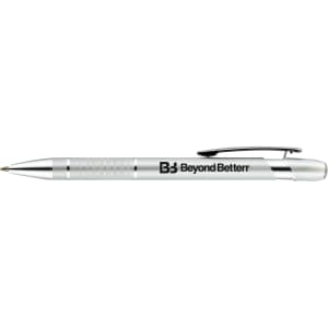 A silver aluminium pen with a textured grip and clip, featuring a logo on the side.