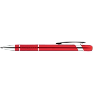 A red metal pen with silver accents and a clip, featuring a textured grip. It has a logo on the barrel.