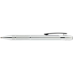 A metallic silver pen with a grip section and a clip, featuring a branding logo.