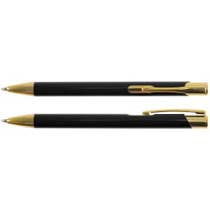 A black metal pen with gold accents, featuring a clip and a sleek design. Includes a logo.