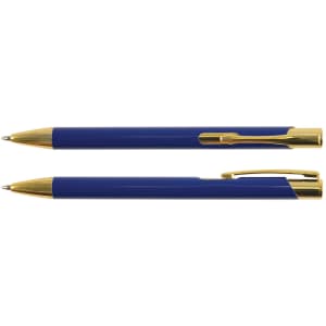 A set of two metal pens in a deep blue color with gold accents, featuring a sleek design and a clip for easy carrying.