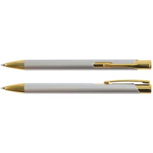 A gold-edition metal pen with a sleek silver body and a shiny gold clip and tip. It features a logo.