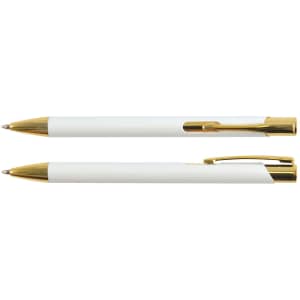 A gold edition metal pen with a sleek white body and gold accents, positioned above another identical pen.
