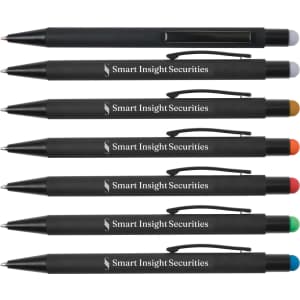 A set of black stylus pens with varying coloured tips: grey, blue, orange, red, and green. Each has a branding logo.