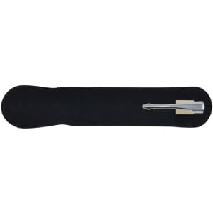 A sleek eco-friendly pen displayed on a black velvet base. The pen features a minimalist design with a metallic finish.