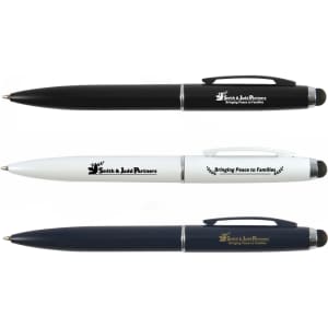 Three metal pens are displayed: one black, one white, and one navy, each featuring branding.