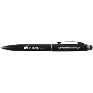 A metal pen in black with a clip and a stylus tip, featuring branding on the side.