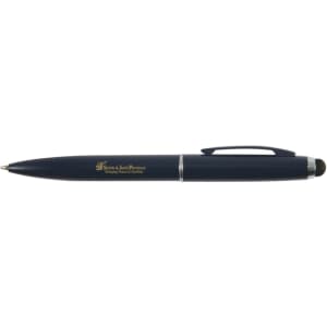 A metal pen featuring a sleek black design with a silver clip and a stylus tip, branded with gold lettering.