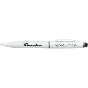 A metal pen in white with a clip and a black tip, featuring a logo and text design.