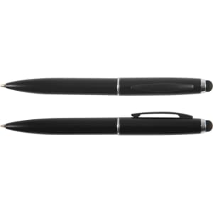 A black metal pen is displayed horizontally, featuring a sleek design with silver accents and a logo.
