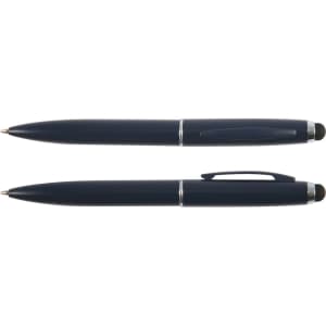 A set of Starion metal pens featuring a sleek dark blue design, including a ballpoint variant and a stylus tip option.