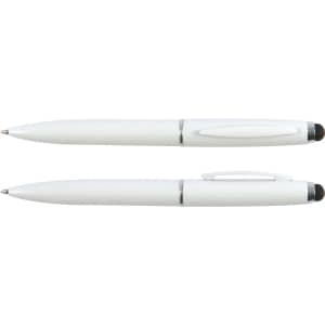 A white metal pen with a sleek design, featuring a glossy finish and chrome accents.