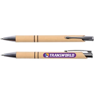 A pen with a natural kraft paper body, silver accents, and a logo, featuring a sleek design and click mechanism.