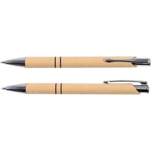 A set of two beige paper pens with silver accents, featuring a sleek design and a logo.