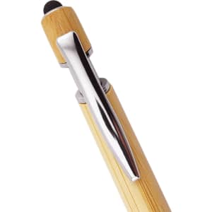 A bamboo pen with a chrome clip and tip, showcasing a natural wood finish. It has a sleek design and a logo.