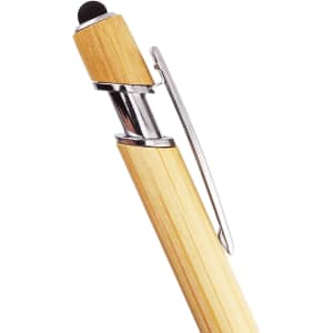 A bamboo pen with a chrome clip and a black tip, showcasing a natural wood finish. It features a logo.