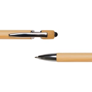 A wooden bamboo pen with a sleek silver clip and tip, featuring a logo on the barrel.
