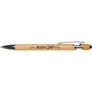 A bamboo pen featuring a wooden barrel, silver accents, and a logo. It is designed for writing.