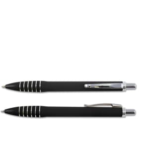 A set of black plastic pens with silver accents and a shiny clip, featuring a sleek design.