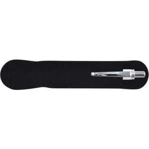A sleek silver pen resting on a black velvet surface, featuring a polished design and an embossed logo.