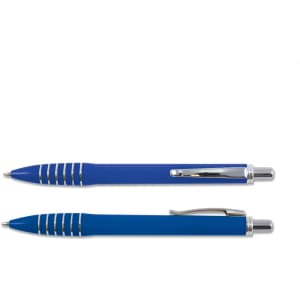 A set of blue plastic pens, featuring sleek designs and silver accents, displayed side by side.