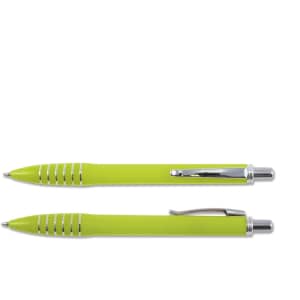 A green plastic pen with silver accents and grip. It features a clip and has a sleek design.