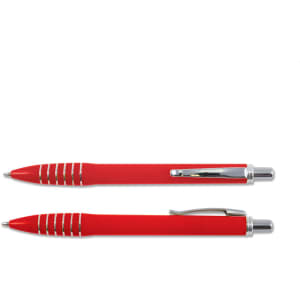 A red plastic pen named Titan Pen featuring a sleek design with silver accents and grip detailing.