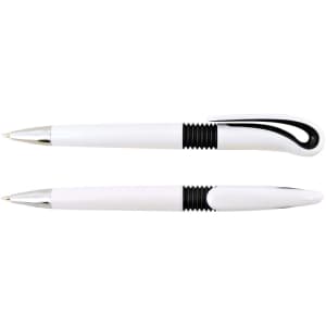 A white plastic pen with a black grip and distinctive hook design. It features a polished silver clip and tip.