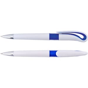 A Hook Pen featuring a sleek white body with blue accents and a unique hook design for easy handling.