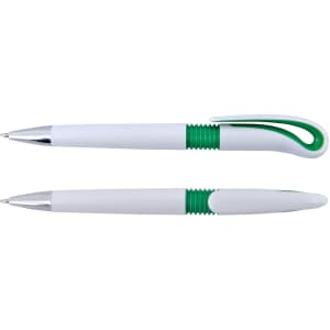 A plastic pen featuring a white body with green accents and a unique hook design at the top.