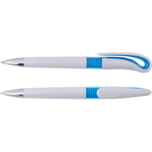 A collection of plastic pens in white with blue accents, one featuring a distinctive hook design.