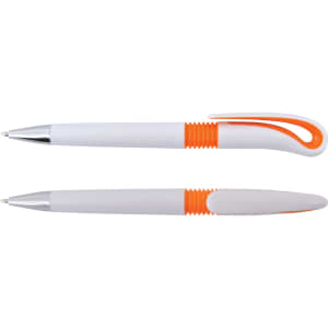 A plastic pen featuring a white body with orange accents and a sleek clip design. It has a shiny silver tip.