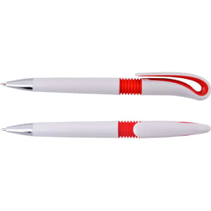 A Hook Pen in white and red colors features a curved hook design at the top and a plastic body with silver accents.